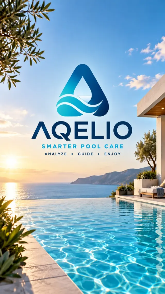 Logotipo de AQELIO sobre una piscina junto al mar